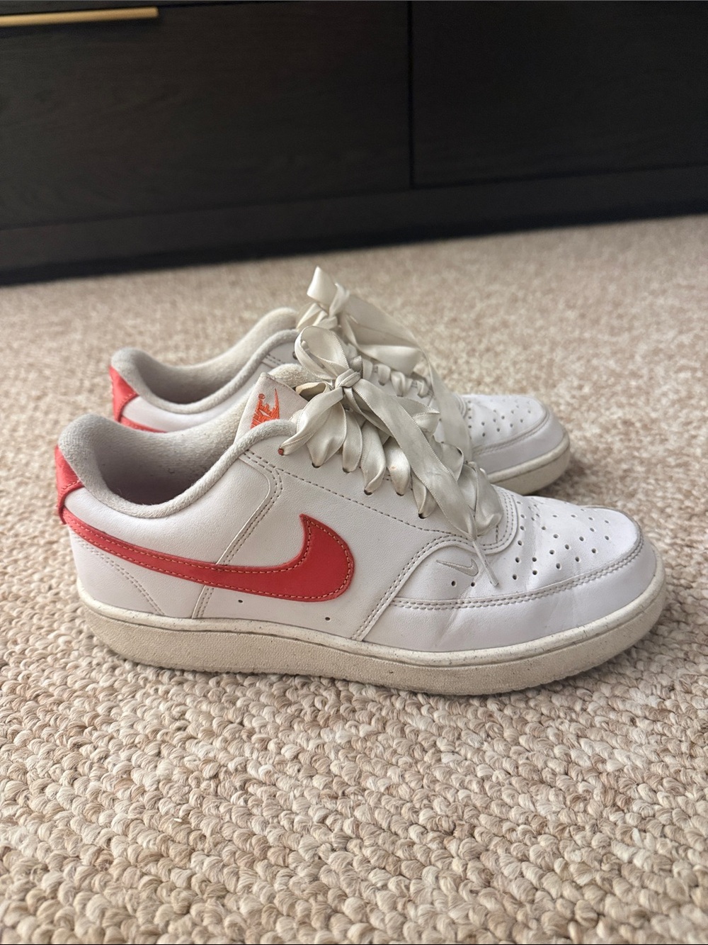 Nike Women's White Leather Sneakers with Coral Swoosh